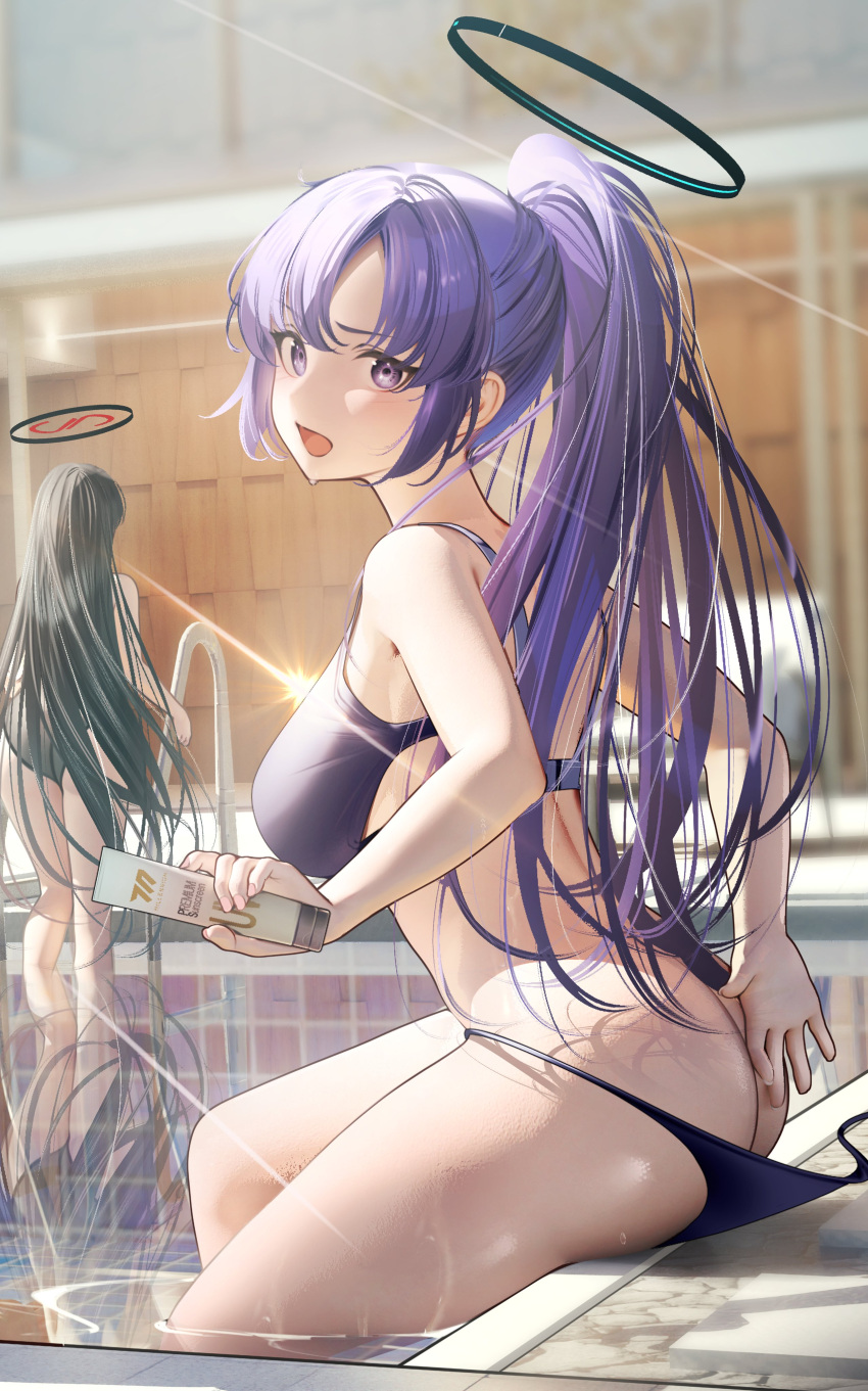 2girls absurdres ass bikini bikini_bottom_pull black_bikini black_hair blue_archive breasts embarrassed halo highres large_breasts long_hair looking_at_viewer looking_back lotion median_furrow multiple_girls nanaken_nana parted_bangs ponytail pool poolside purple_eyes purple_hair rio_(blue_archive) sitting solo_focus sunscreen swimsuit very_long_hair water_drop yuuka_(blue_archive)