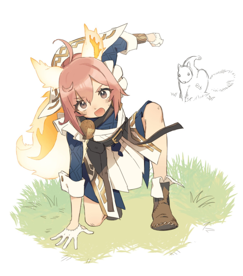 1girl animal apron blue_dress brown_eyes brown_footwear brown_hair cowlick dress fire_emblem fire_emblem_heroes full_body gloves grass hand_on_ground highres looking_at_viewer on_grass on_one_knee open_mouth ratatoskr_(fire_emblem) squirrel squirrel_girl squirrel_tail sweatdrop tail tugo white_apron white_gloves