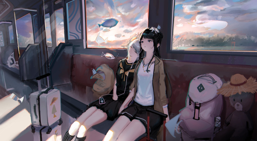 2girls absurdres backpack bag black_hair black_sailor_collar black_serafuku black_shirt black_skirt black_socks brown_eyes brown_jacket bubble chinese_commentary closed_eyes commentary_request fish highres jacket jewelry kneehighs lemtun long_hair long_sleeves multiple_girls necklace open_clothes open_jacket open_mouth original pleated_skirt rolling_suitcase sailor_collar school_uniform serafuku shirt short_sleeves sidelocks sitting skirt sleeping sleeping_on_person socks suitcase sunlight surreal train_interior unworn_backpack unworn_bag white_hair white_shirt