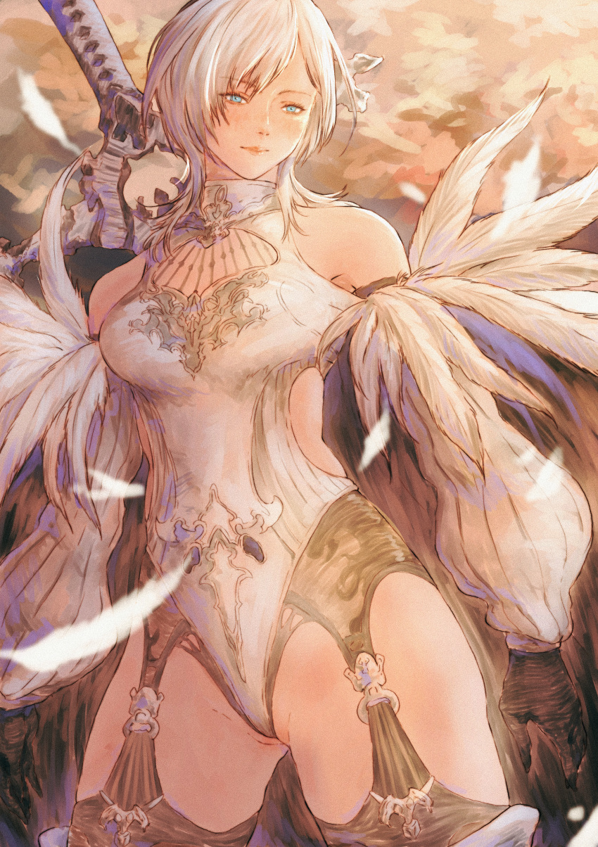 10h_(nier_reincarnation) 1girl absurdres bare_shoulders black_gloves blue_eyes closed_mouth clothing_cutout commentary cowboy_shot detached_sleeves falling_feathers feather-trimmed_sleeves feathers garter_straps gloves gusty10rk highres leotard looking_ahead medium_hair nier_(series) nier_reincarnation no_blindfold puffy_sleeves red_lips side_cutout solo turtleneck_leotard weapon_behind_back white_feathers white_hair white_leotard