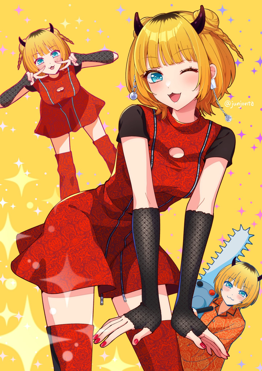 1girl :3 black_gloves blonde_hair blue_eyes blush cleavage_cutout closed_mouth clothing_cutout collared_shirt commentary double_bun double_v dress dress_shirt earrings elbow_gloves fangs fingerless_gloves gloves hair_bun highres jewelry junjonta looking_at_viewer memcho multicolored_hair multiple_views nail_polish one_eye_closed open_mouth orange_shirt oshi_no_ko red_dress red_nails red_thighhighs roots_(hair) shirt short_hair short_sleeves sidelocks sparkle thighhighs twitter_username v zettai_ryouiki