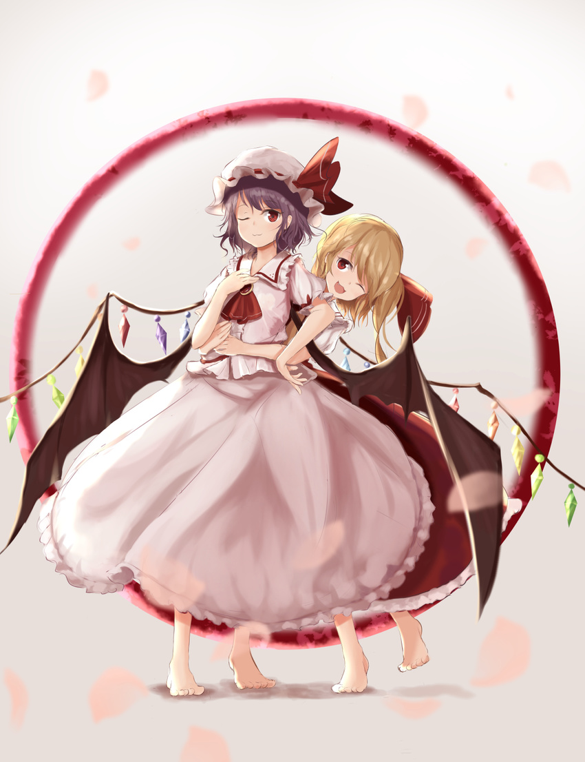 :3 ;d arms_around_waist ascot barefoot bat_wings blonde_hair broom circle fang flandre_scarlet full_body grey_background hair_ribbon hand_on_hip hand_on_own_chest hat hat_ribbon highres hug hug_from_behind long_skirt mob_cap multiple_girls one_eye_closed open_mouth petals pink_skirt purple_hair red_eyes red_ribbon red_skirt remilia_scarlet ribbon siblings sisters skirt skirt_set smile standing standing_on_one_leg touhou wings yukitourou