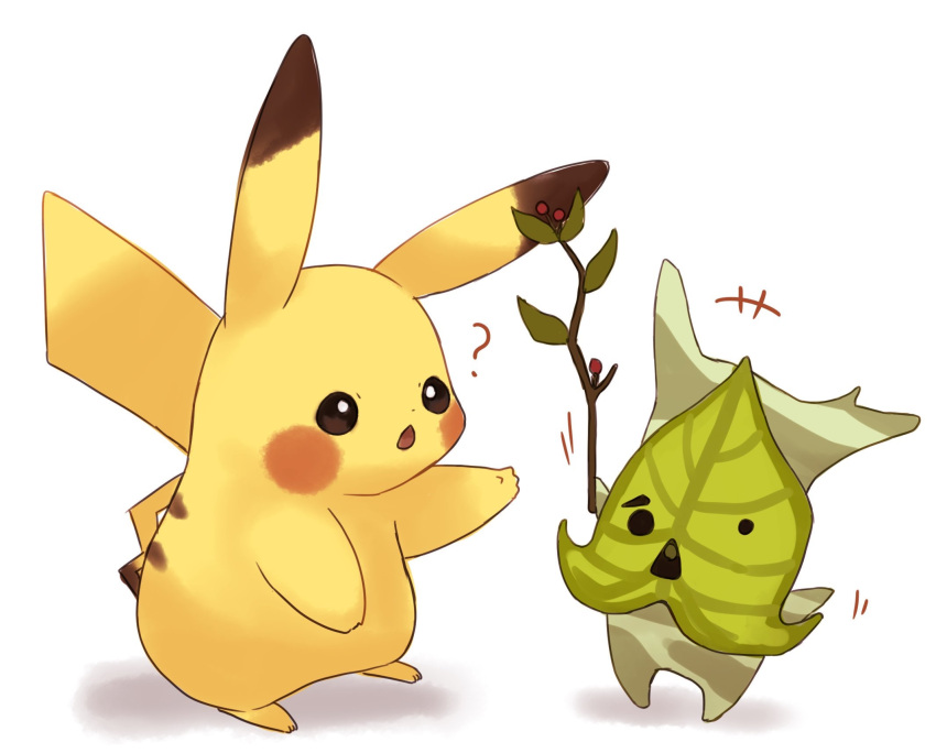 ? animal_ears dot_nose full_body highres holding holding_stick korok leaf misonikomiii no_humans open_mouth pikachu pokemon pokemon_(creature) stick tail the_legend_of_zelda the_legend_of_zelda:_breath_of_the_wild white_background wood