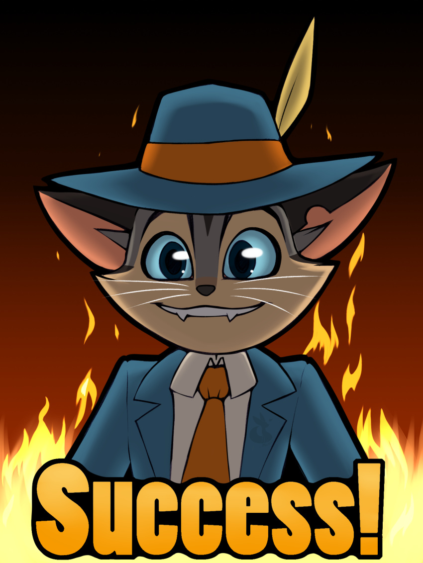 anthro blue_clothing blue_eyes blue_sclera blue_suit clothed clothing destruction digital_media_(artwork) domestic_cat feather_hat felid feline felis fire fur hat headgear headwear hi_res lackadaisy male mammal mancoin necktie rocky_rickaby signature simple_background smile solo suit teeth topwear webcomic webcomic_character whiskers