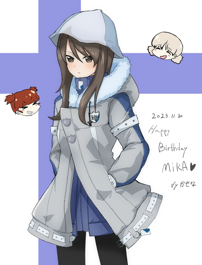 3girls absurdres aki_(girls_und_panzer) artist_name birthday black_pantyhose blue_dress blue_headwear blunt_bangs brown_eyes brown_hair coat commentary_request cowboy_shot dated dress emblem english_text finnish_flag flag_background fur-trimmed_hood fur_trim girls_und_panzer girls_und_panzer_senshadou_daisakusen! grey_coat grin hands_in_pockets happy_birthday hat highres hood hood_down hooded_coat keizoku_(emblem) light_brown_hair long_hair long_sleeves low_twintails mika_(girls_und_panzer) mikko_(girls_und_panzer) multiple_girls official_alternate_costume open_clothes open_coat pantyhose parted_lips partial_commentary red_hair short_dress short_twintails signature smile solo_focus standing tulip_hat twintails yayuna_kaitati