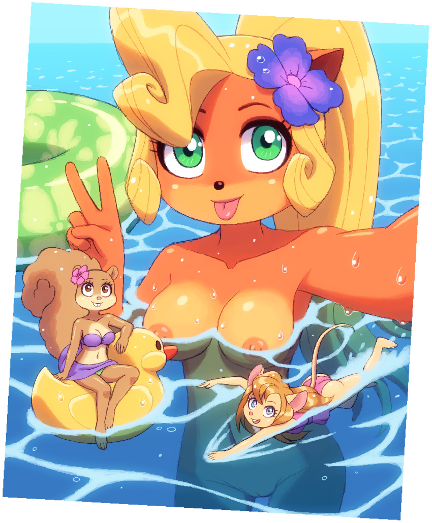 accessory activision anthro bandicoot bikini blep blonde_hair blue_eyes breasts brown_eyes buckteeth butt chip_'n_dale_rescue_rangers clothed clothing coco_bandicoot crash_bandicoot_(series) crossover disney female flower flower_in_hair fur gadget_hackwrench genitals gesture green_eyes group hair hair_accessory hi_res inflatable inner_tube kempferzero long_hair looking_at_viewer mammal marsupial mouse murid murine navel nickelodeon nipples one-piece_swimsuit open_mouth open_smile partially_submerged plant pussy rodent rubber_duck sandy_cheeks sciurid selfie size_difference smile spongebob_squarepants swimming swimwear teeth third-party_edit tongue tongue_out tree_squirrel v_sign water wet wet_body wet_fur