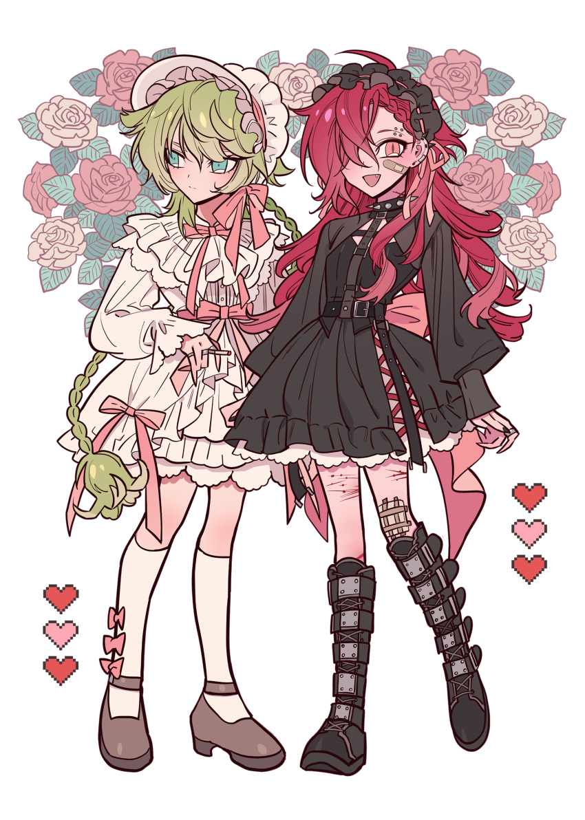 2others absurdres ahoge belt_boots black_dress black_footwear bleeding blood blue_eyes bonnet boots brown_footwear cigarette closed_mouth cuts dress floral_background flower frilled_dress frills full_body gauze green_hair hair_between_eyes hair_over_one_eye hairband heart highres holding holding_cigarette injury kei_(meremero) kneehighs lolita_hairband long_braid long_hair long_sleeves looking_at_viewer looking_to_the_side meremero multiple_others neck_ribbon open_mouth original other_focus pink_flower pink_ribbon pink_rose pixel_heart puffy_long_sleeves puffy_sleeves red_eyes red_hair ribbon rose scar scar_on_leg slit_pupils smile socks standing very_long_hair white_background white_dress white_socks yui_(meremero)