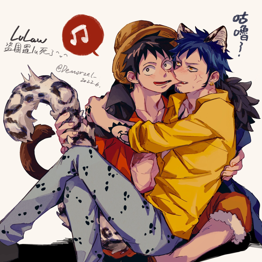 2boys abs anger_vein animal_ears arm_tattoo biting black_hair blush cape cheek_biting chest_tattoo commentary_request couple demorzel denim earrings facial_hair fangs fur_cape goatee hand_tattoo hat highres hug jewelry leopard_boy leopard_ears leopard_tail monkey_d._luffy monkey_tail multiple_boys musical_note one_piece open_mouth scar scar_on_cheek scar_on_chest scar_on_face shirt short_hair sitting spoken_musical_note straw_hat tail tail_grab tattoo trafalgar_law translation_request yaoi yellow_eyes yellow_shirt