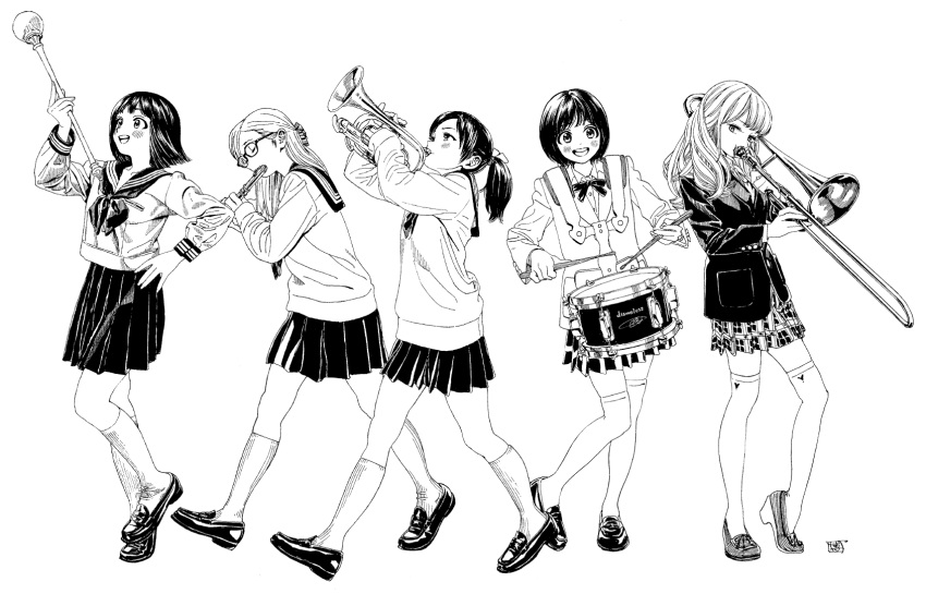 5girls artist_name band blazer blush bow bowtie closed_eyes closed_mouth commentary_request drum drumsticks flute full_body glasses greyscale half_updo hatching_(texture) highres hiro_(dismaless) holding holding_drumsticks instrument jacket kneehighs loafers long_hair long_sleeves monochrome multiple_girls music neckerchief open_mouth original plaid plaid_skirt playing_instrument pleated_skirt ponytail sailor_collar school_uniform serafuku shoes short_hair short_sleeves signature simple_background skindentation skirt smile socks thighhighs trumpet walking zettai_ryouiki