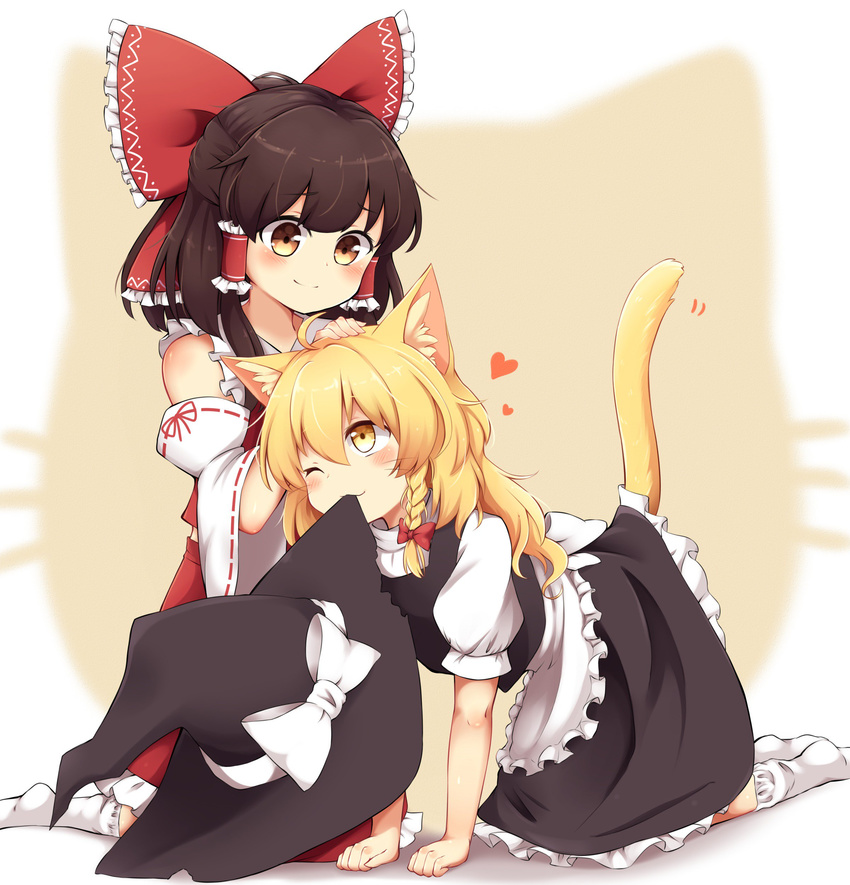 ;) absurdres all_fours animal_ears blonde_hair blush bow brown_eyes brown_hair cat_ears cat_tail commentary detached_sleeves hair_bow hair_tubes hakurei_reimu heart highres kemonomimi_mode kirisame_marisa long_hair lovestruck medium_hair mouth_hold multiple_girls one_eye_closed pet_play petting puffy_short_sleeves puffy_sleeves riza_dxun short_sleeves sitting skirt skirt_set smile socks tail touhou vest wariza wavy_hair yellow_eyes yuri