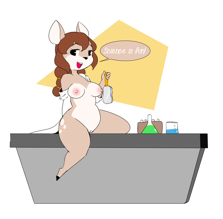 2017 absurd_res anthro beaker bedroom_eyes beige_pussy biped black_eyes black_nose braided_hair breasts brown_hair cervine clothing deer dialogue digital_drawing_(artwork) digital_media_(artwork) digitigrade doe_(alfa995) english_text erect_nipples eyelashes eyewear female full-length_portrait goggles hair half-closed_eyes hand_behind_back hi_res holding_eyewear hooves humanoid_hands inside kneeling long_hair looking_at_viewer mammal nipples nude on_table open_mouth open_smile pink_nipples pinup portrait pose pussy red_tongue science scribs03 seductive side_view simple_background single_braid small_waist smile solo speech_bubble spots spotted_body table talking_to_viewer tan_body tan_spots text thick_thighs two_tone_body undressing unprofessional_behavior voluptuous white_background yellow_background