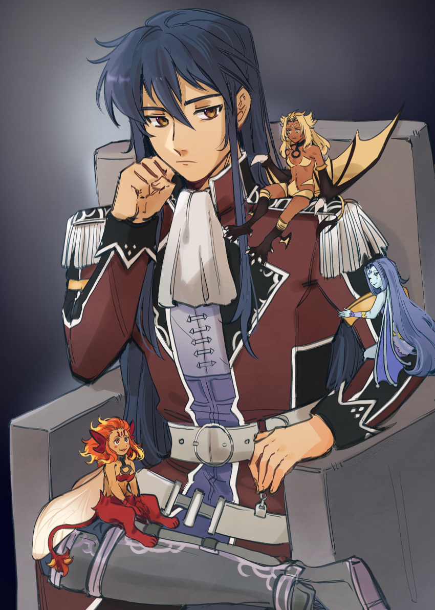 1boy 3girls absurdres ascot belt blue_hair brown_eyes clenched_hand closed_mouth commentary commission crossed_legs epaulettes ernst_(ys) fairy grey_background hair_between_eyes highres jue_(ys) leorlontyan long_hair multiple_girls on_chair sera_(ys) sitting white_ascot wings xisa_(ys) ys ys_vi_ark_of_napishtim