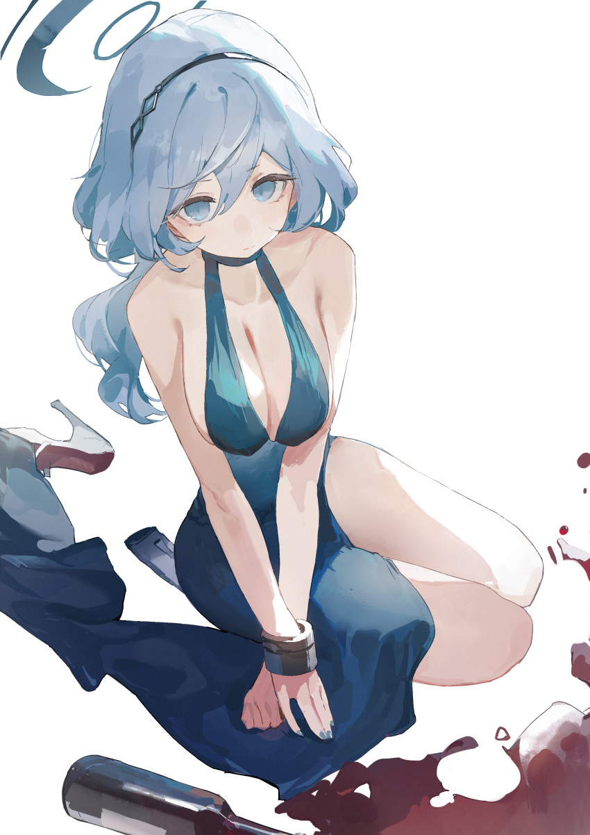 1girl absurdres ako_(blue_archive) ako_(dress)_(blue_archive) backless_dress backless_outfit bare_shoulders blue_archive blue_dress blue_eyes blue_hair blue_halo blue_nails bottle breasts cleavage closed_mouth commentary_request dress expressionless full_body hairband halo high_heels highres long_hair looking_at_viewer official_alternate_costume plunging_neckline red_footwear shoes sideboob sideless_dress simple_background sleeveless sleeveless_dress solo spill unworn_shoes white_background zombie_ke