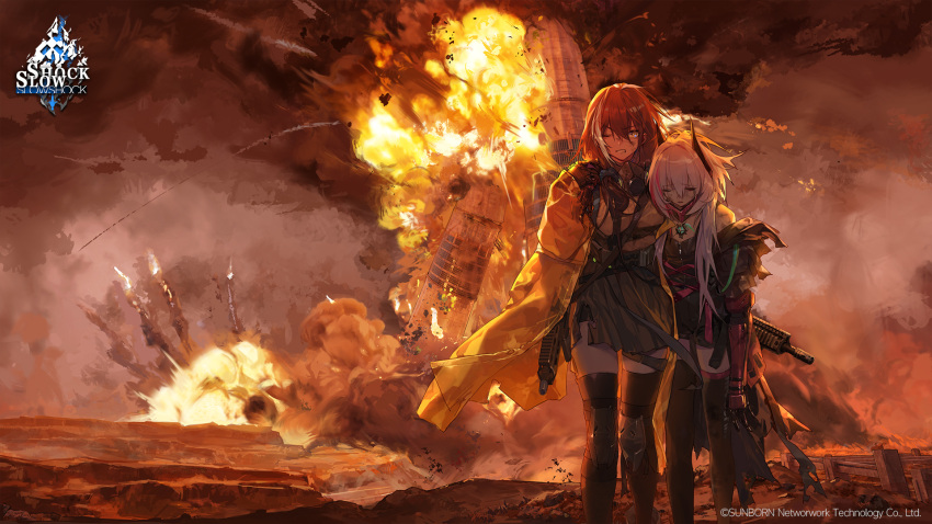 2girls artist_request black_hair black_skirt black_thighhighs blonde_hair breasts building carrying carrying_over_shoulder carrying_person clenched_teeth closed_eyes coat colt_9mm_smg commentary company_name copyright_notice debris destruction english_commentary explosion feet_out_of_frame fire gas_mask girls'_frontline grass gun hair_between_eyes headgear highres holding holding_gun holding_weapon in-universe_location knee_pads large_breasts looking_at_viewer m4_sopmod_ii m4_sopmod_ii_(girls'_frontline) m4_sopmod_ii_(mod3)_(girls'_frontline) mask mechanical_arms multicolored_hair multiple_girls official_art one_eye_closed red_hair ro635_(girls'_frontline) ro635_(mod3)_(girls'_frontline) second-party_source single_mechanical_arm skirt smoke soot spoilers strap streaked_hair teeth thighhighs torn_clothes torn_skirt tower v-shaped_eyebrows weapon white_hair yellow_coat