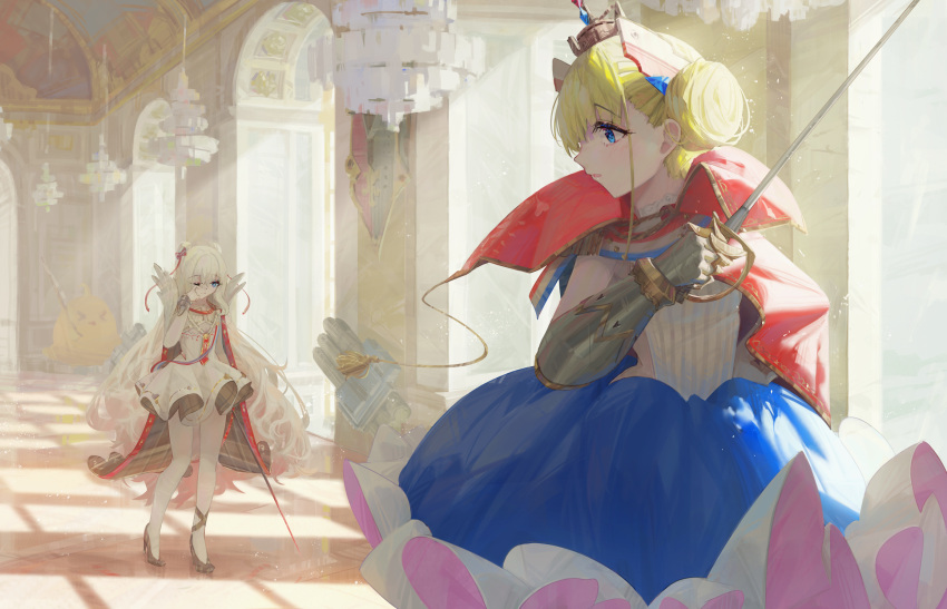 &gt;_&lt; +_+ 2girls azur_lane black_footwear blonde_hair blue_dress blue_eyes chandelier commentary_request cowboy_shot crown double_bun dress french_flag full_body gauntlets gold_trim hair_bun hair_ornament headgear high_collar high_heels highres holding holding_sword holding_weapon indoors le_malin_(azur_lane) le_triomphant_(azur_lane) leotard long_hair long_sleeves looking_at_another looking_back manjuu_(azur_lane) mini_crown multiple_girls naycot one_eye_closed pantyhose rapier rubbing_eyes shadow shoes short_dress siblings sideless_outfit single_gauntlet sisters sleepy striped_clothes striped_leotard sword tutu vertical-striped_clothes vertical-striped_leotard very_long_hair weapon white_dress white_hair white_pantyhose