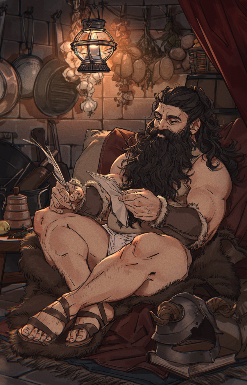 1boy absurdres arm_guards bara bare_legs basket beard belly black_hair blurry book brick_wall candle chopsticks closed_mouth comic_panel_redraw cooking_pot corner crossed_ankles curtains depth_of_field derivative_work dungeon_meshi dwarf facial_hair fake_horns food fruit frying_pan full_beard full_body garlic hair_pulled_back half_updo hanging_food hanging_light helmet herb herb_bundle highres holding holding_paper holding_quill horned_helmet horns kettle kitchen_knife leather lemon long_beard long_hair looking_down male_focus mature_male muscular muscular_male mushroom mustache night nyeigneous official_alternate_hairstyle paper pelt plump potato quill reading rug sandals senshi_(dungeon_meshi) sheath sheathed shirt shorts sitting sleeveless sleeveless_shirt solo sparse_leg_hair stool strainer thick_beard thick_eyebrows unworn_armor unworn_headwear unworn_helmet white_shorts wrinkled_skin