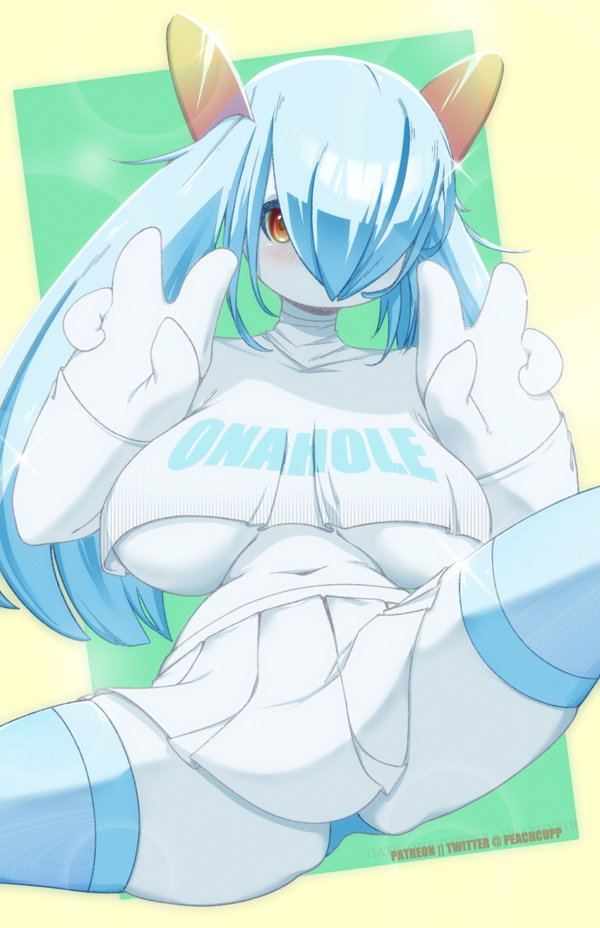 1girl alternate_color artist_name blue_hair blue_panties blue_thighhighs blush border breasts breasts_apart clothes_writing colored_skin commentary crop_top cyrillic double_v english_commentary green_background hair_over_one_eye hands_up highres huge_breasts kirlia long_hair long_sleeves looking_at_viewer midriff miniskirt mixed-language_commentary navel no_bra no_mouth one_eye_covered orange_eyes outside_border panties panty_peek patreon_username peach-cup pleated_skirt pokemon pokemon_(creature) shiny_pokemon shirt sidelocks simple_background sitting skindentation skirt solo sparkle spread_legs stomach thighhighs thighs transparent twintails twitter_username underboob underwear v watermark white_shirt white_skin white_skirt yellow_border