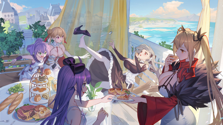 5girls absurdres azur_lane baguette balcony black_dress black_footwear blonde_hair bow bread breasts character_request cleavage detached_collar detached_sleeves dress falling feather_dress food food_request formidable_(azur_lane) frilled_dress frills full_body fur_trim grey_hair hair_bow hair_ribbon high_heels highres holding holding_spoon huge_breasts javelin_(azur_lane) javelin_(retrofit)_(azur_lane) large_breasts long_hair long_sleeves meat medium_breasts multiple_girls nelson_(azur_lane) nelson_(retrofit)_(azur_lane) orange_eyes outdoors pantyhose purple_bow purple_eyes purple_hair red_eyes ribbon royal_oak_(azur_lane) shoes spoon tiered_tray twintails two-tone_dress two-tone_ribbon very_long_hair water white_pantyhose wide_sleeves xiaoguolidun