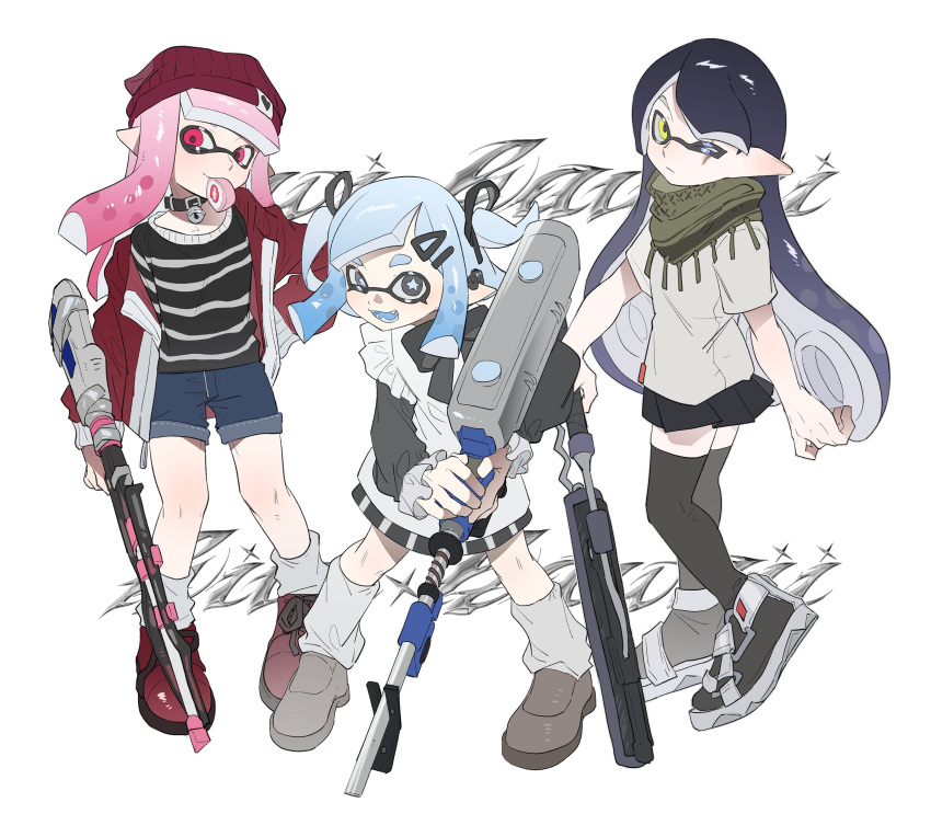 3girls absurdres beanie bell black_collar black_hair black_shirt black_thighhighs blue_hair blue_shorts bright_pupils closed_mouth collar denim denim_shorts e-liter_4k_(splatoon) eyelashes food_in_mouth full_body gradient_hair grey_eyes grey_shirt gun hair_ornament hairclip hat highres holding holding_gun holding_sword holding_weapon inkling inkling_girl jacket kiwi_splatoon leg_warmers long_hair medium_hair multicolored_hair multiple_girls neck_bell one_eye_closed open_clothes open_jacket open_mouth pink_eyes pink_hair pleated_skirt pointy_ears red_headwear scar scar_across_eye shirt shorts simple_background skirt smile sparkle splat_charger_(splatoon) splatana_wiper_(splatoon) splatoon_(series) splatoon_3 standing star-shaped_pupils star_(symbol) striped_clothes striped_shirt sword symbol-shaped_pupils tape teeth tentacle_hair thick_eyebrows thighhighs weapon white_background white_pupils yellow_eyes