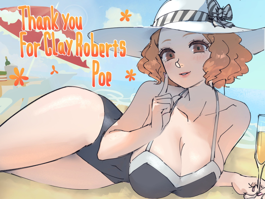 alcohol artist_name beach beach_umbrella black_one-piece_swimsuit blush bow breasts brown_eyes champagne champagne_flute cleavage cup curly_hair drinking_glass english_text finger_to_cheek halterneck hat hat_bow hat_ribbon highres large_breasts looking_at_viewer lounge lying ocean okumura_haru on_side one-piece_swimsuit orange_hair persona persona_5 pink_nails poechan_chan ribbon sand short_hair smile striped_ribbon sun_hat swimsuit thank_you umbrella white_trim