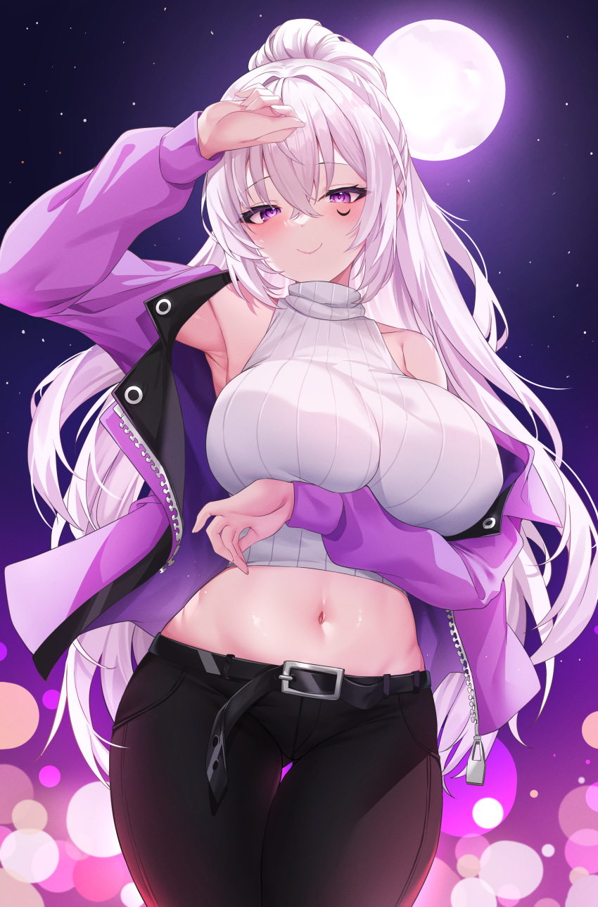 1girl absurdres arm_under_breasts armpits bare_shoulders belt black_belt black_pants blush borrowed_character breast_lift breasts character_request commission covered_nipples cropped_sweater crotch_seam curvy deogho_(liujinzy9854) facial_mark full_moon highres jacket large_breasts lights long_hair long_sleeves looking_at_viewer midriff moon navel night open_clothes open_jacket original pants ponytail purple_eyes purple_jacket ribbed_sweater sky sleeveless sleeveless_sweater sleeveless_turtleneck smile solo star_(sky) starry_sky stomach sweater turtleneck turtleneck_sweater very_long_hair white_hair white_sweater zipper zipper_pull_tab