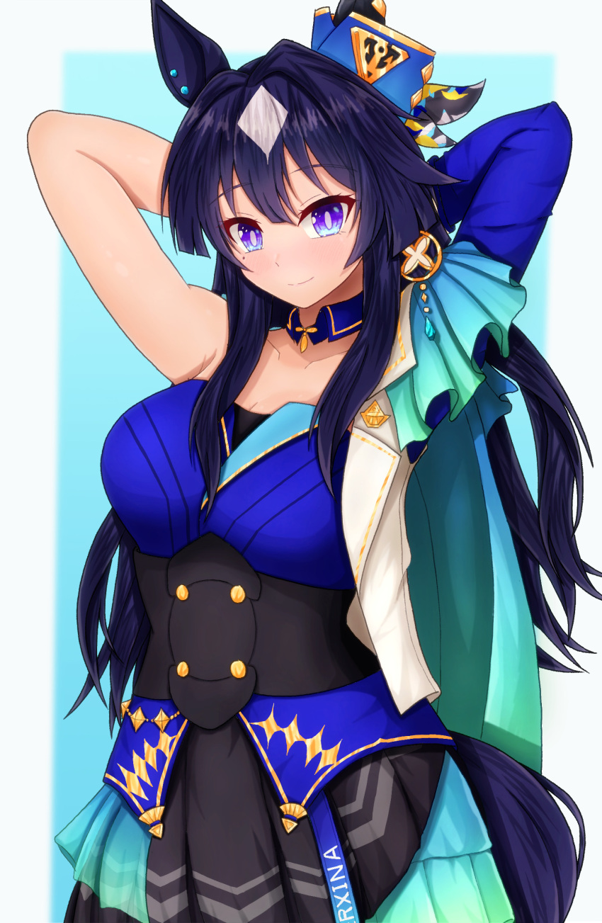 1girl armpits arms_up black_dress blue_background blue_collar blue_eyes blue_hair blush border breasts buttons character_name collar commentary_request cowboy_shot detached_sleeves double-breasted dress ear_covers ears_through_headwear hair_between_eyes highres large_breasts looking_at_viewer m172/minatsu multicolored_hair simple_background single_ear_cover smile solo streaked_hair umamusume verxina_(umamusume) white_border white_hair