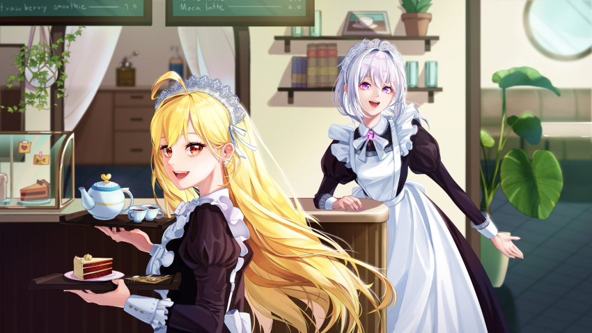 :d absurdres ahoge algamja alternate_costume apron black_dress blonde_hair bow bowtie cafe cake cake_slice carrying cup dress enmaided food frilled_apron frills hair_intakes highres indoors ine_(vtuber) jingburger lace-trimmed_headwear lace_trim long_hair long_sleeves looking_at_viewer maid maid_apron maid_headdress menu_board outstretched_arm plant ponytail potted_plant puffy_long_sleeves puffy_sleeves purple_eyes red_eyes smile tea teacup teapot tray very_long_hair virtual_youtuber waktaverse white_apron white_bow white_bowtie white_hair
