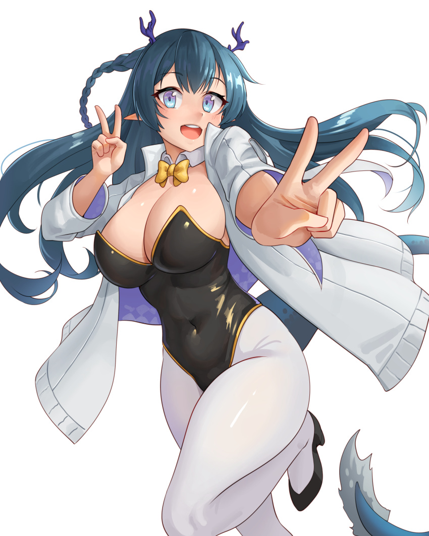 1girl :d ajidot arknights black_footwear black_leotard blue_eyes blue_hair bow braid breasts cleavage covered_navel double_v dragon_girl dragon_horns dragon_tail high_heels highres horns jacket large_breasts leotard ling_(arknights) long_hair long_sleeves looking_at_viewer open_clothes open_jacket outstretched_arm pantyhose playboy_bunny pointy_ears shoes simple_background smile solo standing standing_on_one_leg strapless strapless_leotard tail v very_long_hair white_background white_jacket white_pantyhose yellow_bow