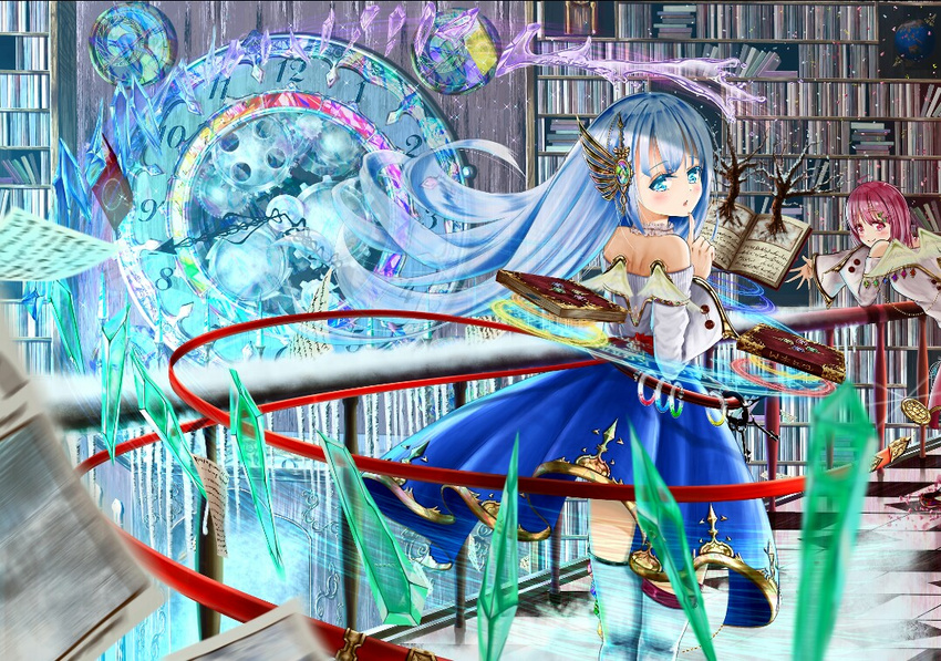 :o balcony bare_tree blue_eyes blue_hair blue_legwear blue_skirt book bookshelf checkered checkered_floor clock crystal detached_sleeves dress fantasy finger_to_chin floating from_behind gears glint hair_blowing hair_ornament indoors kazari_(1a2b3c4d98721) keyring layered_dress levitation library light_particles long_hair looking_at_viewer looking_back magic_circle magical_girl medallion melting motion_lines multiple_girls open_book original outstretched_hand paper pink_eyes pink_hair railing short_hair skirt smile standing strapless strapless_dress thighhighs tree undone_belt water_drop wide_sleeves wind wind_lift wings