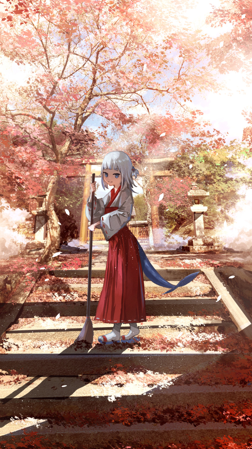 1girl advarcher alternate_costume blue_eyes blue_hair broom cherry_blossoms closed_mouth commentary day fins fish_tail full_body gawr_gura hair_ornament hakama hakama_skirt highres holding holding_broom hololive hololive_english japanese_clothes kimono long_skirt long_sleeves looking_at_viewer medium_hair miko multicolored_hair outdoors red_hakama sandals shark_girl shark_hair_ornament shark_tail shrine skirt smile socks solo stairs standing streaked_hair sweeping tail tree two_side_up virtual_youtuber white_hair white_kimono white_socks wide_shot wide_sleeves