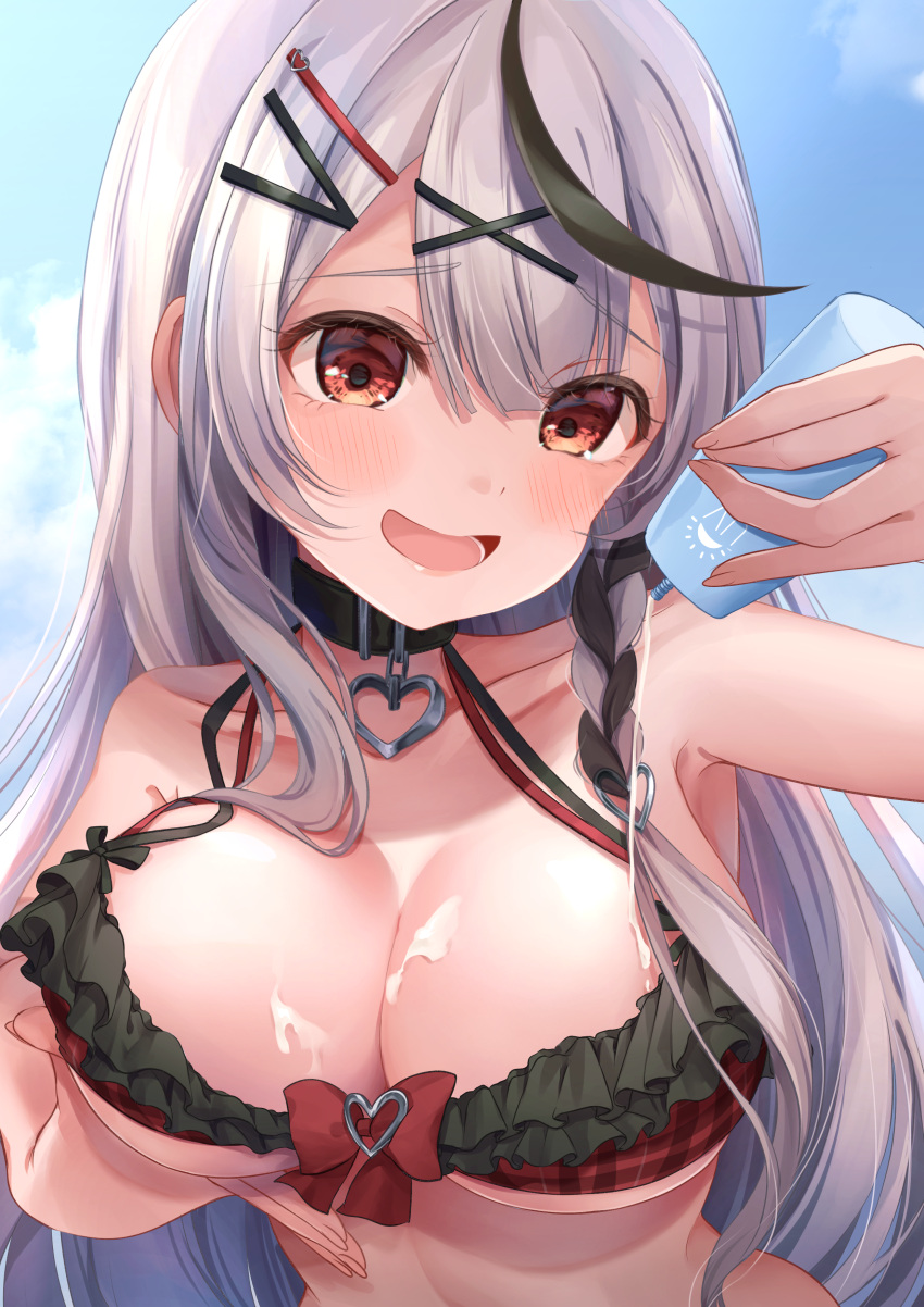 1girl absurdres alternate_costume bikini black_bikini black_collar black_hair blue_sky blush braid breasts center-flap_bangs collar commentary_request double-parted_bangs fingernails frilled_bikini frills grey_hair hair_ornament hairclip heart_pendant highres hololive large_breasts long_hair looking_at_viewer lotion multi-strapped_bikini_top multicolored_hair official_alternate_hair_length official_alternate_hairstyle open_mouth plaid plaid_bikini red_bikini red_eyes sakamata_chloe sexually_suggestive shagaihi side_braid sky smile solo straight_hair streaked_hair suggeee486 sunscreen swimsuit two-tone_bikini upper_body virtual_youtuber