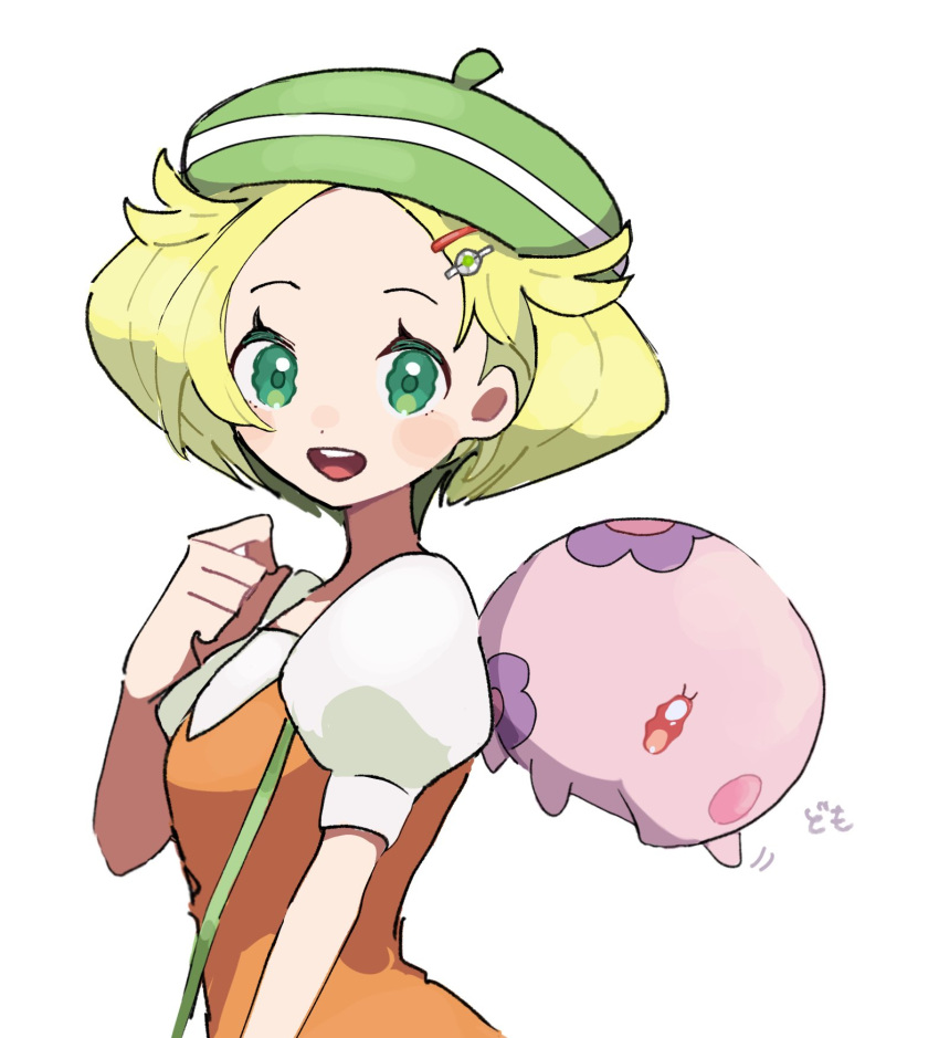 1girl :d beret bianca_(pokemon) blonde_hair blush_stickers eneko_(olavcnkrpucl16a) eyelashes green_eyes green_headwear hair_ornament hairclip hand_up hat highres munna open_mouth orange_vest pokemon pokemon_(creature) pokemon_bw shirt short_hair short_sleeves simple_background smile strap teeth upper_teeth_only vest white_background white_shirt