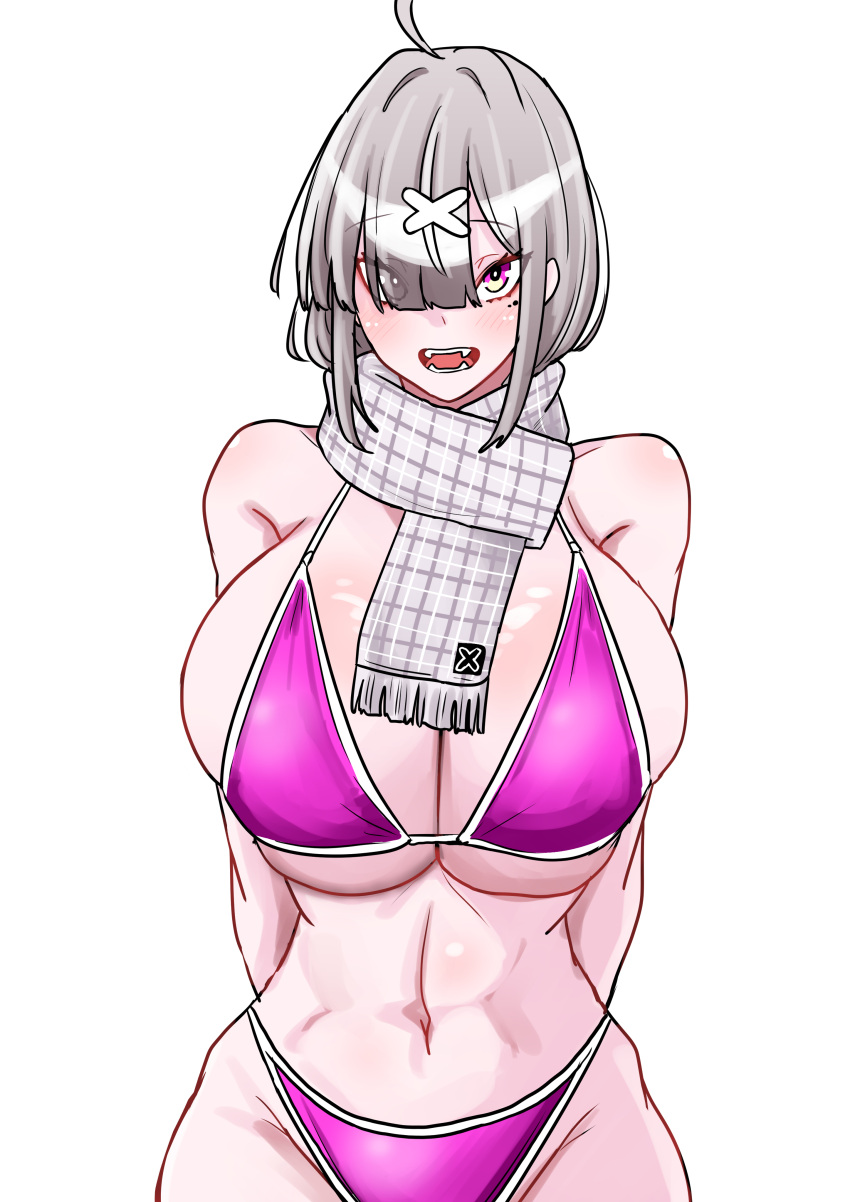 1girl absurdres ahoge bare_shoulders blush breasts collarbone eyes_visible_through_hair frim_02 grey_hair hair_between_eyes hair_ornament hair_over_one_eye highleg highleg_swimsuit highres large_breasts long_hair looking_at_viewer mole mole_under_eye multicolored_clothes multicolored_swimsuit nijisanji open_mouth purple_eyes sharp_teeth smile solo sukoya_kana swimsuit teeth thighs toned two-tone_swimsuit virtual_youtuber x_hair_ornament