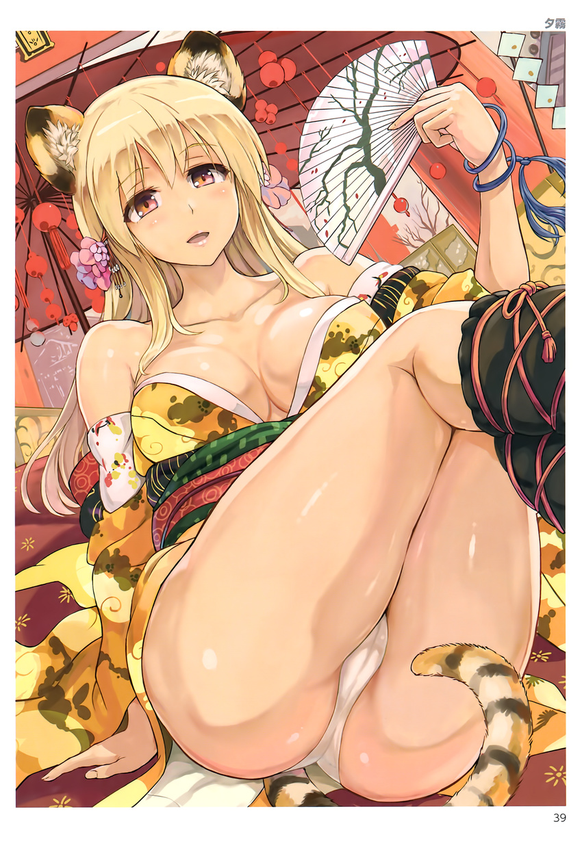 absurdres animal_ears arm_support artist_name ass bangs bare_shoulders blonde_hair blush breasts collarbone dutch_angle fan hair_ornament highres holding japanese_clothes kimono large_breasts long_hair looking_at_viewer non-web_source open_mouth original panties red_eyes scan sitting solo tail tiger_ears tiger_tail toranoana underwear white_panties wide_sleeves yuugiri