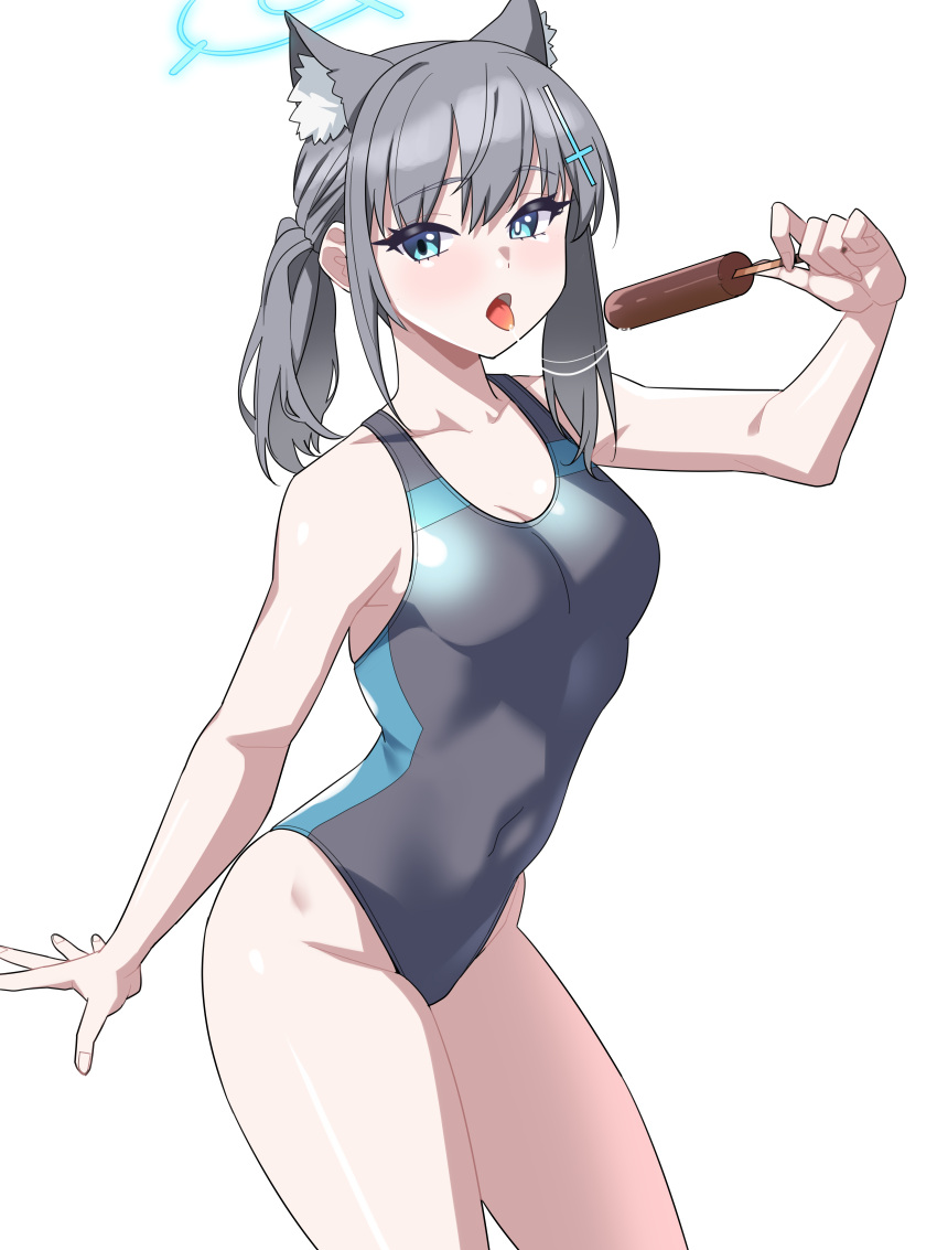 absurdres animal_ear_fluff animal_ears black_one-piece_swimsuit blue_archive blue_eyes breasts competition_swimsuit contrapposto covered_navel cowboy_shot cross_hair_ornament extra_ears food grey_hair hair_ornament halo highres low_ponytail medium_breasts medium_hair mismatched_pupils multicolored_clothes multicolored_swimsuit nya_(73809635) official_alternate_costume one-piece_swimsuit popsicle saliva saliva_trail shiroko_(blue_archive) shiroko_(swimsuit)_(blue_archive) standing swimsuit tongue tongue_out wolf_ears