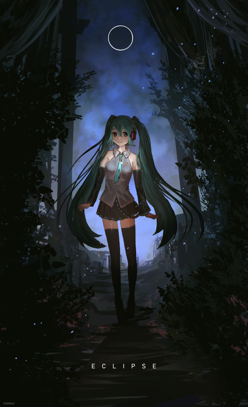 1girl absurdres advarcher aqua_eyes aqua_hair aqua_necktie arms_up bare_shoulders black_footwear black_skirt black_sleeves boots closed_mouth commentary detached_sleeves eclipse english_text full_body grey_shirt hair_ornament hatsune_miku headphones highres jewelry long_hair looking_at_viewer miku_day miniskirt necklace necktie night outdoors pleated_skirt shirt skirt sleeveless sleeveless_shirt smile solar_eclipse solo standing thigh_boots twintails very_long_hair vocaloid zettai_ryouiki