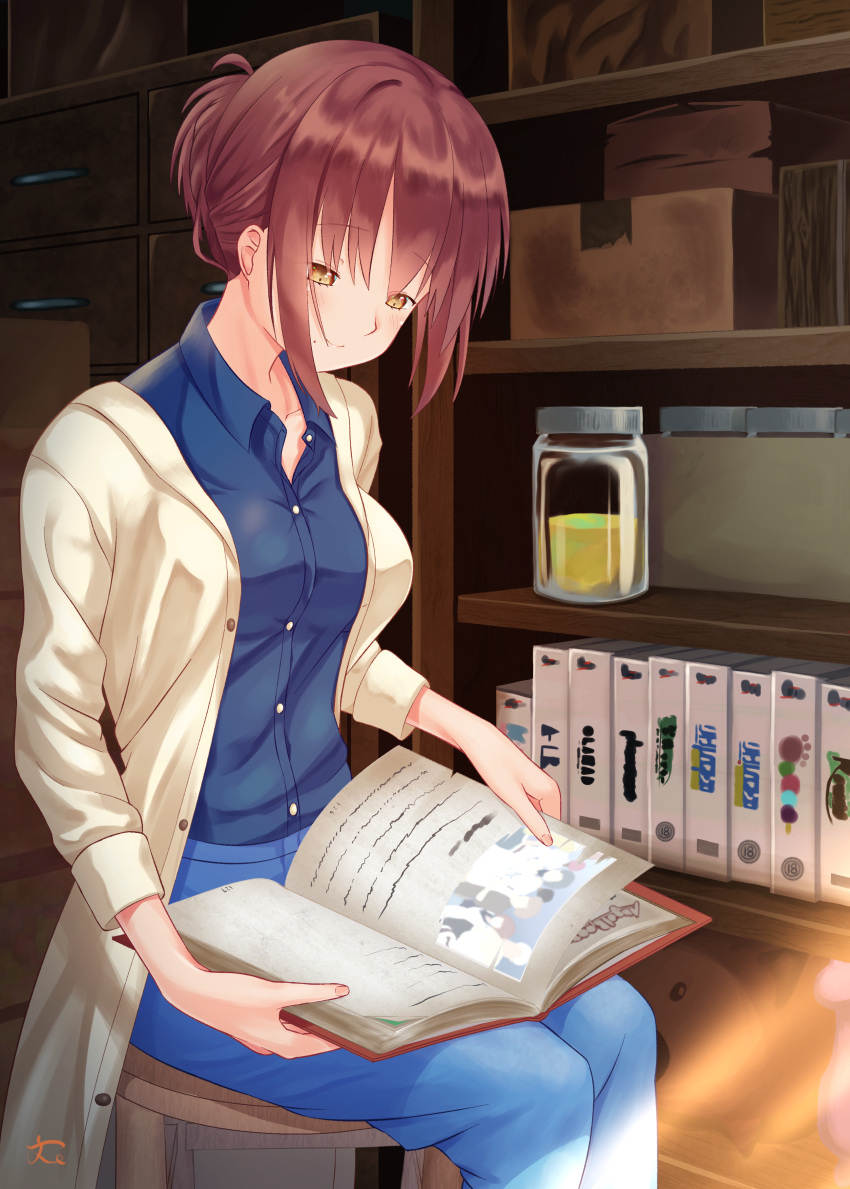 1girl absurdres blue_pants blue_shirt blush book bookshelf breasts brown_eyes brown_hair closed_mouth coat collared_shirt commentary dress_shirt english_commentary feet_out_of_frame fingernails fumimaru hair_between_eyes hair_bun half-closed_eyes highres holding holding_book indoors jam jar long_sleeves looking_down medium_breasts medium_hair misaki_kyouko_(summer_pockets) mixed-language_commentary mole mole_under_mouth on_chair open_book open_clothes open_coat pants photo_(object) reading shirt signature single_hair_bun sitting smile solo summer_pockets yellow_coat