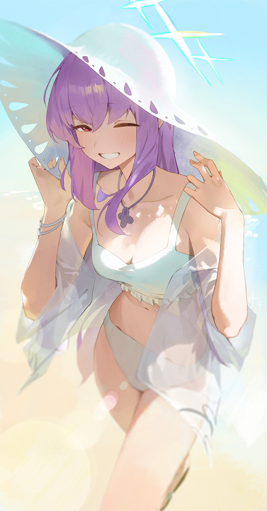 1girl absurdres atsuko_(blue_archive) beach bikini blue_archive blush breasts collarbone halo hat highres jewelry kji_(rozo) long_hair looking_at_viewer navel necklace purple_hair red_eyes see-through see-through_shirt smile solo swimsuit white_bikini white_headwear white_swimsuit