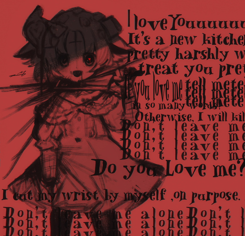 1girl amputee blade_to_throat commentary crazy cuts dress english_text highres holding holding_knife injury knife looking_at_viewer mercure_1104 monochrome open_mouth original pantyhose red_thighhighs self-harm short_hair sketch smile solo symbol-only_commentary thighhighs yandere