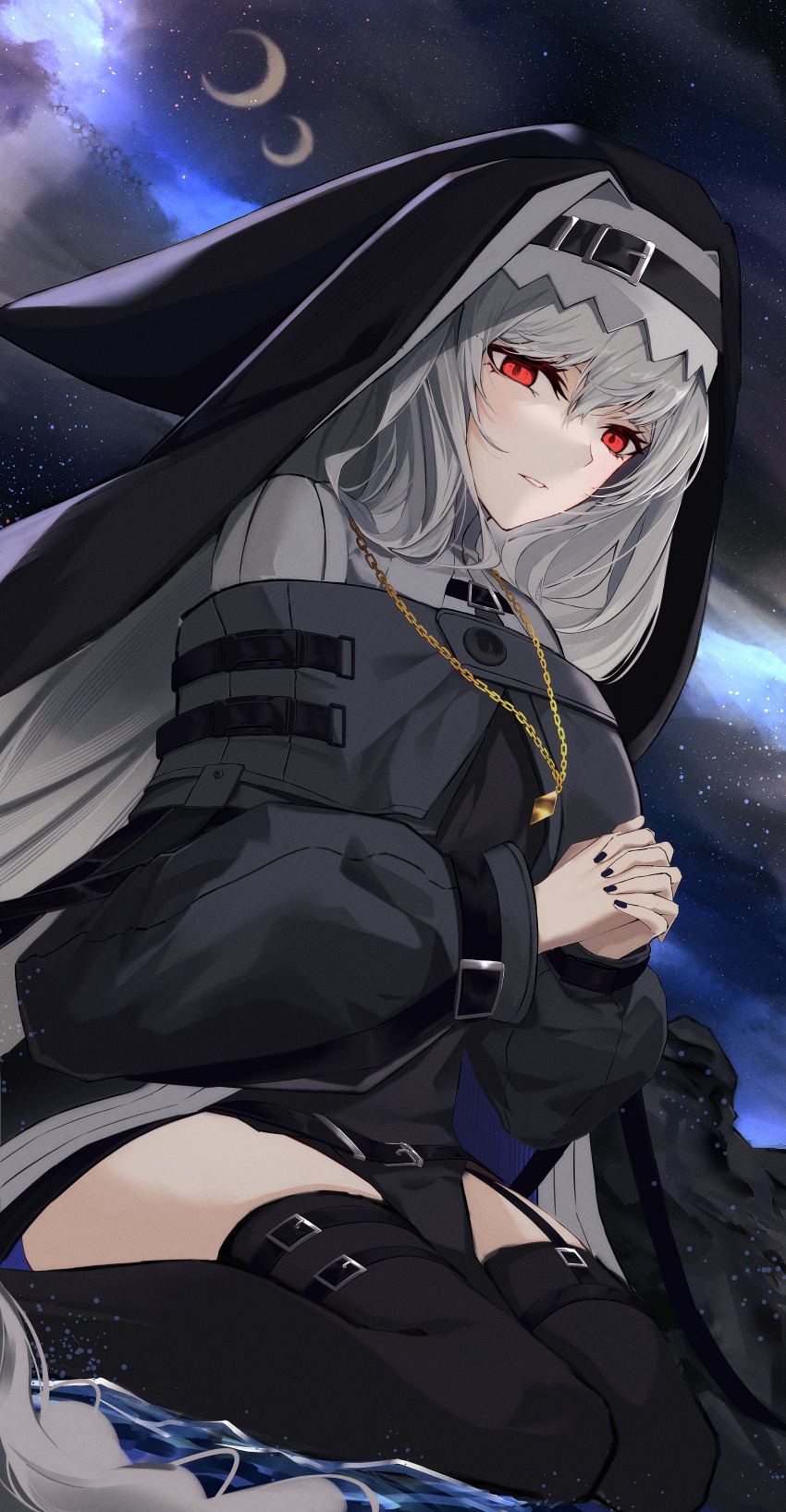 1girl absurdres arknights belt belt_buckle black_belt black_capelet black_coat black_dress black_thighhighs black_veil breasts buckle buttons capelet cloud cloudy_sky coat coif commentary crescent_moon dress dutch_angle feet_out_of_frame film_grain from_side grey_hair grin habit hair_between_eyes hands_up hatching_(texture) high_collar highres interlocked_fingers jewelry knees linear_hatching lips lipstick long_hair long_sleeves looking_at_viewer looking_to_the_side makeup medium_breasts mo_komo_momo moon moonlight multiple_moons multiple_thigh_straps necklace night night_sky nun off_shoulder open_clothes open_coat outdoors own_hands_together pale_skin parted_lips pelvic_curtain praying puffy_long_sleeves puffy_sleeves red_eyes red_lips rock shadow sitting skindentation sky smile solo specter_(arknights) splashing star_(sky) starry_sky strap teeth thigh_strap thighhighs thighs turtleneck_capelet veil very_long_hair wariza water waves white_capelet