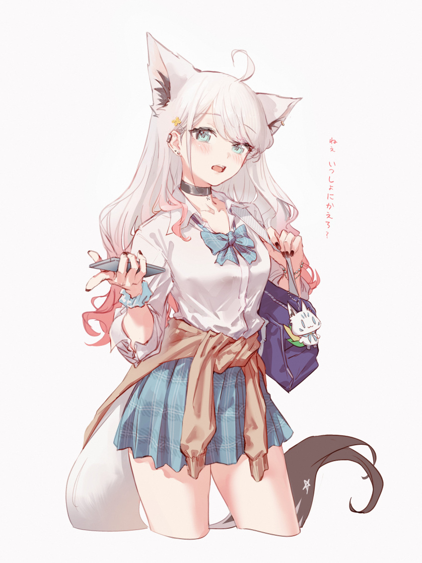 1girl absurdres ahoge animal_ear_fluff animal_ears bag black_choker black_nails blue_bow blue_bowtie blue_eyes bow bowtie choker clothes_around_waist cropped_legs duplicate ear_piercing extra_ears fox_ears fox_tail highres holding holding_phone hololive hyde_(tabakko) jacket jacket_around_waist long_hair long_sleeves phone piercing plaid plaid_skirt scrunchie shirakami_fubuki shirt shoulder_bag simple_background skirt solo sukonbu_(shirakami_fubuki) tail virtual_youtuber white_background white_hair white_shirt wrist_scrunchie