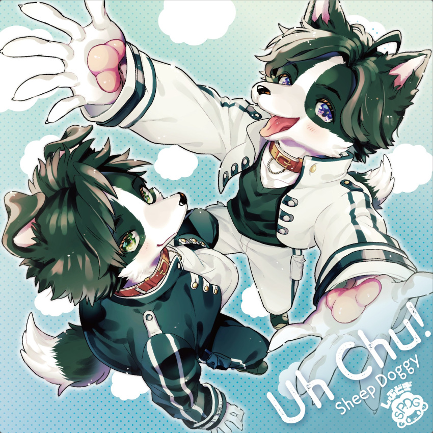 2boys ahoge animal_collar animal_ears animal_hands arms_up artist_logo artist_name bishounen black_footwear black_fur black_hair black_jacket black_pants black_shirt blue_background body_fur claws closed_mouth cloud_background collar cropped_jacket dog_boy dog_ears dog_tail english_text full_body furry furry_male gradient_background green_eyes high_collar highres jacket light_blush long_sleeves looking_at_viewer mokotalow11 multiple_boys open_clothes open_jacket open_mouth original pants perspective polka_dot polka_dot_background purple_eyes reaching reaching_towards_viewer red_collar shirt short_hair siblings standing tail tongue tongue_out twins white_fur white_jacket white_pants white_shirt