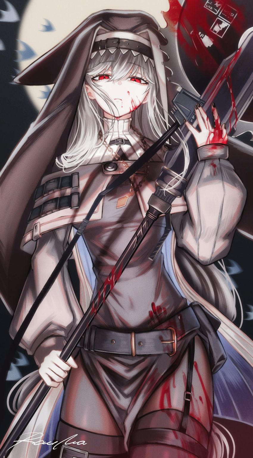 1girl absurdres arknights artist_name backlighting belt belt_buckle black_belt black_dress black_nails black_pantyhose black_thighhighs black_veil blood blood_in_mouth blood_on_clothes blood_on_face blood_on_hands blood_on_weapon bloody_handprints blurry blurry_background breasts buckle capelet circular_saw closed_mouth coat coif commentary covered_navel cowboy_shot depth_of_field dress expressionless eyelashes fingernails fish flying_fish grey_capelet grey_coat grey_hair habit hair_between_eyes hair_flowing_over half-closed_eyes hand_up high_collar highres holding holding_weapon jewelry leather_belt long_hair long_sleeves looking_at_viewer medium_breasts moon nail_polish necklace night nun off_shoulder open_clothes open_coat outdoors pale_skin pantyhose pelvic_curtain puffy_long_sleeves puffy_sleeves rau_ma_(the_rauma001) red_eyes revision saw signature simple_fish skindentation solo specter_(arknights) standing straight-on swept_bangs thigh_strap thighhighs thighhighs_over_pantyhose turtleneck turtleneck_capelet two-handed two-sided_coat two-sided_fabric veil very_long_hair weapon white_capelet