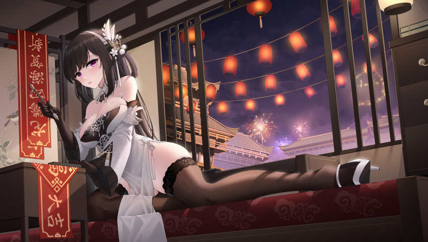 1girl absurdres aerial_fireworks architecture azur_lane bare_shoulders breasts brown_gloves brown_hair brown_thighhighs chen_hai_(azur_lane) china_dress chinese_clothes cleavage detached_sleeves dress east_asian_architecture elbow_gloves fireworks flower full_body gloves hair_flower hair_ornament high_heels highres holding_calligraphy_brush indoors jfzm001 lace-trimmed_thighhighs lantern large_breasts long_hair long_sleeves looking_at_viewer paper_lantern pelvic_curtain purple_eyes shoes solo thighhighs two-tone_footwear