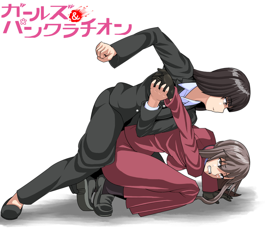 arm_support bangs black_footwear black_gloves black_jacket black_legwear black_pants brown_eyes brown_hair closed_mouth copyright_name eyebrows_visible_through_hair fine_art_parody flats formal full_body girls_und_panzer gloves grimace highres jacket kneeling light_smile loafers long_hair long_skirt looking_at_another looking_back mature multiple_girls naguchanchin nishizumi_shiho pankration pant_suit pants pantyhose parody purple_jacket purple_skirt ryona shimada_chiyo shoes simple_background skirt skirt_suit squatting suit tearing_up title_parody white_background wrestling