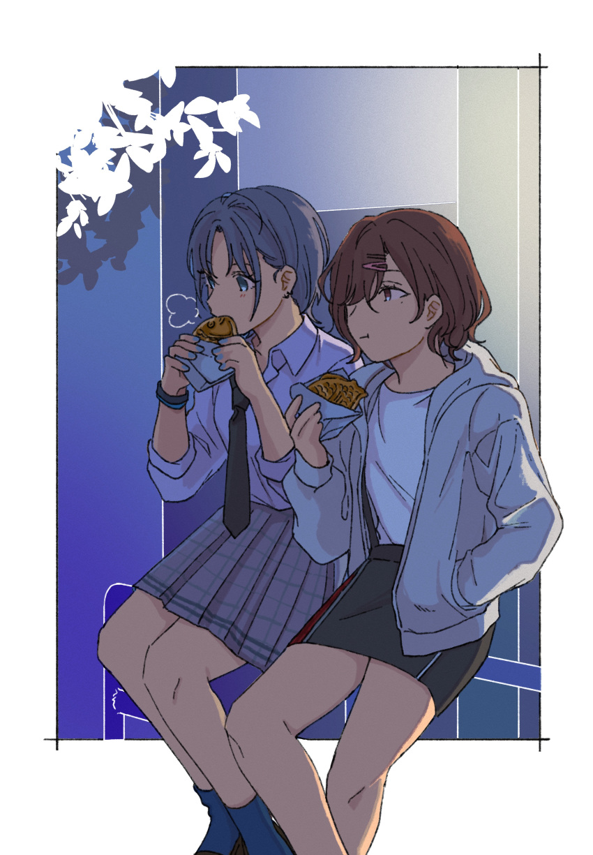 2girls absurdres ahoge asakura_toru black_necktie black_skirt blue_eyes blue_hair blue_socks border breasts brown_hair building closed_mouth crossed_legs eating food food_in_mouth grey_skirt hair_ornament hairclip hand_in_pocket hand_up hands_up highres higuchi_madoka idolmaster idolmaster_shiny_colors jacket long_sleeves looking_at_another medium_breasts miniskirt mole mole_under_eye multiple_girls necktie niyororinpayamaru on_fence open_clothes open_jacket outdoors outside_border parted_bangs pencil_skirt plaid plaid_skirt pleated_skirt purple_eyes school_uniform shirt short_hair sitting skirt socks steam swept_bangs taiyaki tree wagashi watch white_border white_jacket white_shirt wristwatch