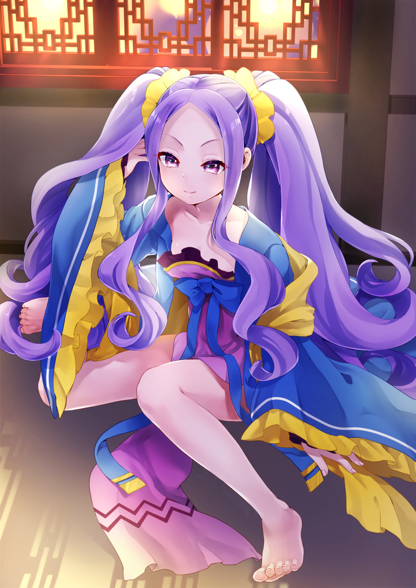 absurdres barefoot bow breasts chinese_clothes cleavage collarbone fate/grand_order fate_(series) frilled_sleeves frills full_body hane_yuki hanfu highres indoors legs long_hair long_sleeves looking_at_viewer pelvic_curtain purple_eyes purple_hair sash shawl sidelocks sitting small_breasts smile solo twintails very_long_hair wide_sleeves wu_zetian_(fate/grand_order)