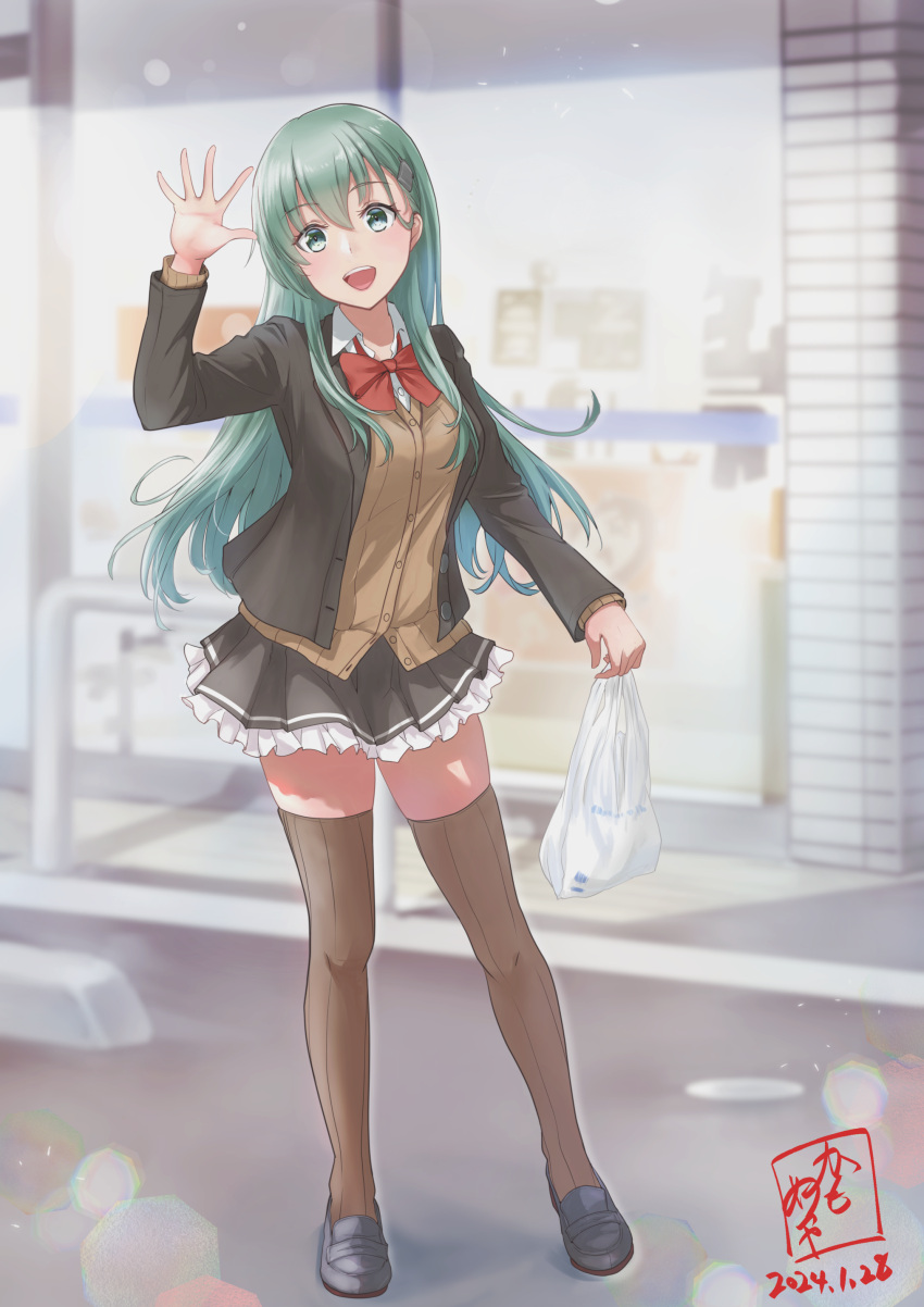 1girl absurdres aqua_eyes aqua_hair artist_logo bag blazer blurry blurry_background blush bow bowtie breasts brown_cardigan brown_jacket brown_skirt brown_thighhighs cardigan commission convenience_store dated day green_eyes hair_ornament hairclip highres jacket kamo_mayor kantai_collection long_hair looking_at_viewer medium_breasts outdoors pixiv_commission plastic_bag pleated_skirt red_bow red_bowtie school_uniform shirt shoes shop skirt smile solo suzuya_(kancolle) suzuya_kai_ni_(kancolle) thighhighs white_shirt
