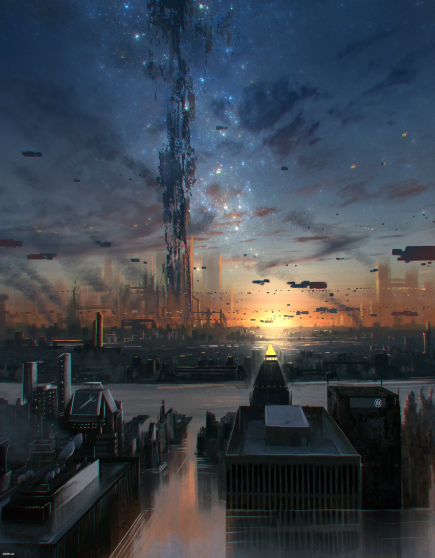 absurdres advarcher building cityscape cloud cloudy_sky commentary flying_car highres megastructure night no_humans original outdoors scenery science_fiction sky star_(sky) starry_sky sunset tower_of_babel