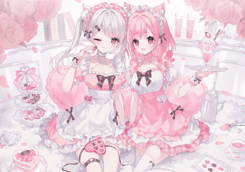 2girls ;p absurdres animal_ear_fluff animal_ears apron atmospheric_perspective black_ribbon book bow breasts cake cat_ears chocolate choker cleavage cup dessert dress eclair_(food) fingernails flower food frilled_apron frilled_dress frilled_pillow frills fruit grey_hair hair_intakes hair_ornament hairclip heart heart-shaped_pillow highres holding holding_plate indoors long_hair looking_at_viewer macaron maid_headdress medium_breasts mole mole_under_eye multiple_girls nail_polish nijisanji noah_(0noah) one_eye_closed open_mouth parfait petals pillow pink_apron pink_bow pink_dress pink_eyes pink_flower pink_hair plate puffy_sleeves ribbon rose sasaki_saku shiina_yuika sitting smile strawberry sweets tea teacup teapot thigh_strap thighhighs tiered_tray tongue tongue_out twintails valentine virtual_youtuber wafer_stick white_apron white_dress wrist_cuffs